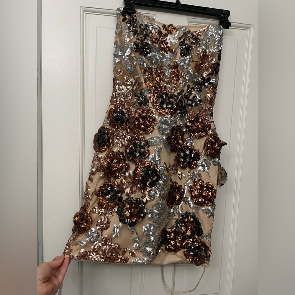 Jovani short fitted cocktail homecoming Dress w/ Silver, Brown Sequin flowers